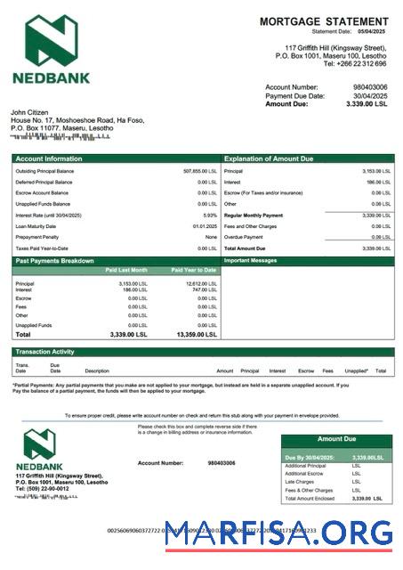 Downloadable Lesotho Nedbank Lesotho mortgage statement Word and PDF template